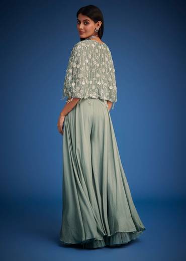 Sage Green Georgette Embroidered Cape Palazzo Set