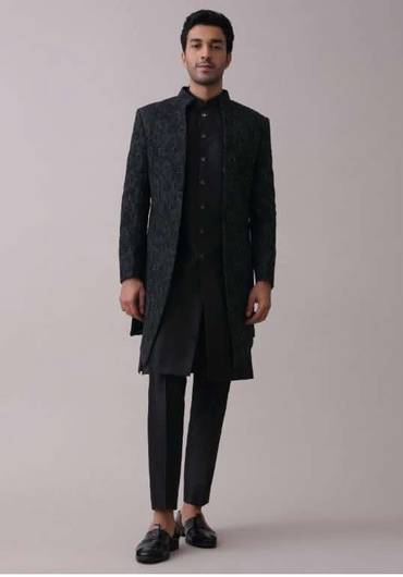Black Indowestern Achkan Jacket Set In Silk With Moti Embroidery
