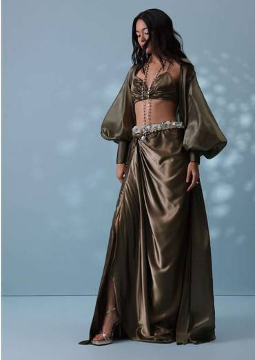 Chocolate Brown Indowestern Skirt Set With Jacket In Milano Organza