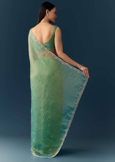 Sea Green Embroidered Tissue Saree with Unstitched Blouse