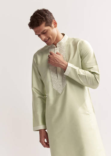Sea Green Viscose Chanderi Kurta Set For Men With Hand Work