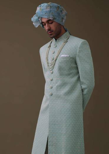Sea Green Sherwani Set In Silk With Lucknowi Embroidery
