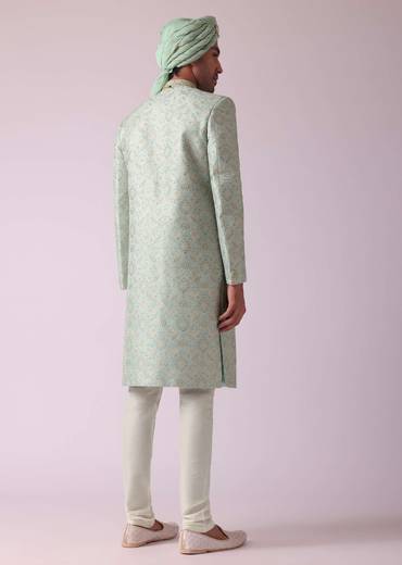 Sea Green Silk Embroidered Sherwani Set