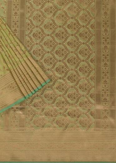 Green Handloom Banarasi Saree In Uppada Silk With Floral Jaal Weave And Unstitched Blouse