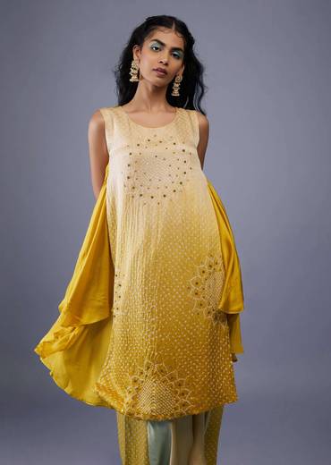 ombre shaded beige and golden yellow bandhani-sg127467 1