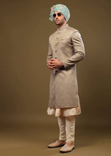 Mocha Brown Silk Sherwani Set With Threadwork And Sequins