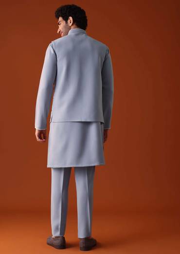 Cool Grey Thread Embroidered Bandi Jacket Set In Polyster Fabric