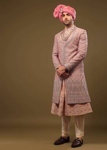 Blush Pink Thread Embroidered Silk Sherwani Set In Cut-dana and Zardosi