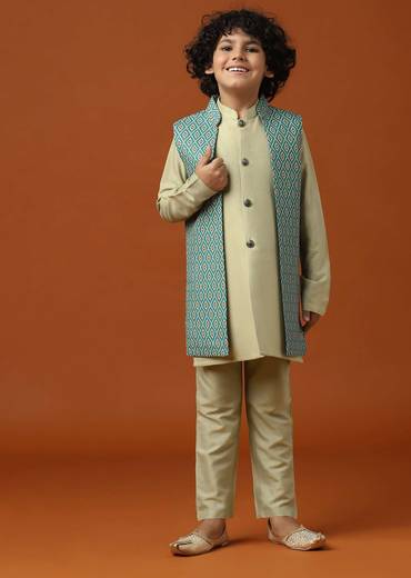 beige white patola printed jacket and kurta set-sg154780 1