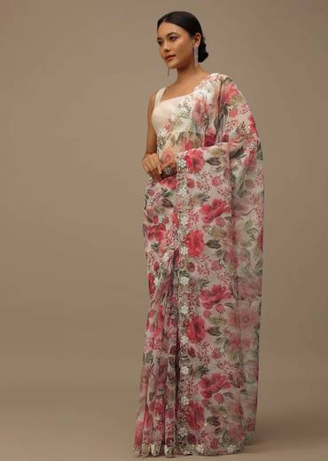 Pearl White Embroidered Organza Saree With Floral Print And Scallop Borders