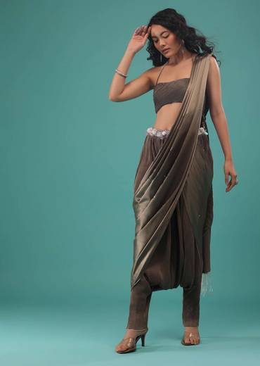 Fossil Brown Ready To Wear Dhoti Saree In Knitted Pleated Fabric