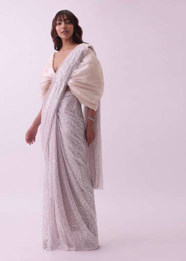 Peach Pink Pre Stitched Saree And Blouse With Pearl Embroidery