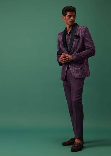 Wine Purple Pleated Tuxedo Set In Shimmer