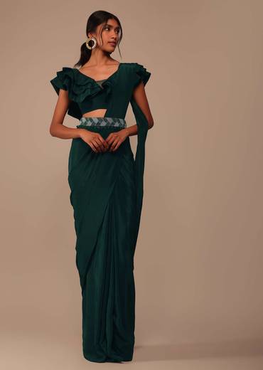 Bottle Green Crepe Pre Drape Saree With Fancy Blouse And Embroidered Belt