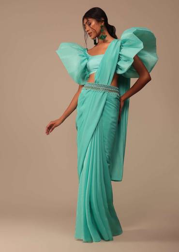 Aqua Blue Crepe Saree With Fancy Sleeves Organza Blouse