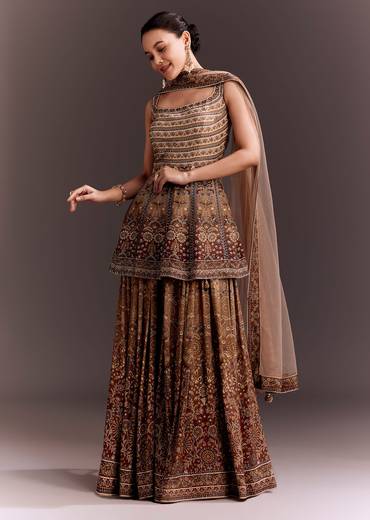 Brown Embroidered Palazzo Set With Peplum Kurta