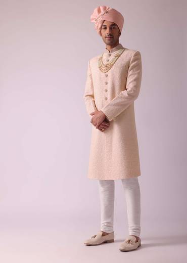 Powder Pink Sherwani In Georgette With Heavy Embroidery