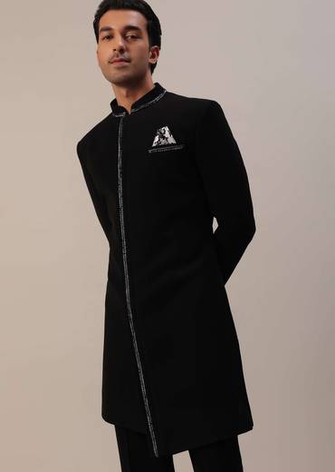 Black Cut Dana Embroidered Indowestern In Suiting Fabric