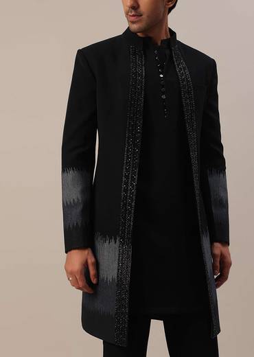Black Cut Dana Embroidered Indowestern In Suiting Fabric