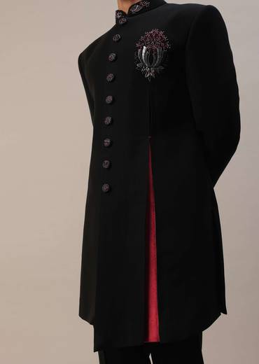 Black Asymmetric Indowestern With French Knots