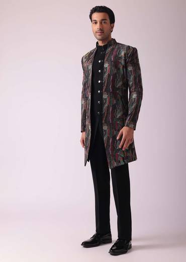 Multicolor Textured Indowestern In Velvet