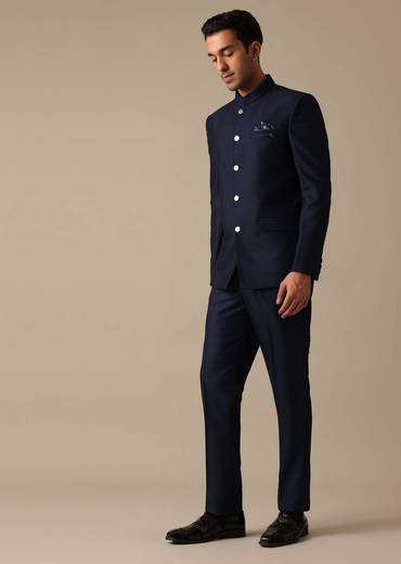 Blue Bandhgala Jodhpuri And Pant Set In Terry Rayon