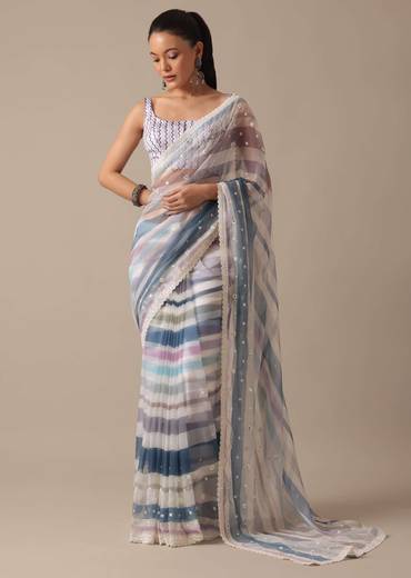 Blue Organza Striped Saree With Mirror Work And Unstitched Blouse Piece