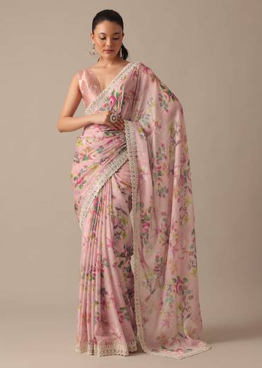 Pink Chiffon Saree With Floral Prints And Unstitched Blouse Piece