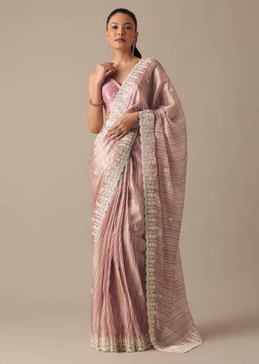 Pink Satin Saree With Belt And Unstitched Blouse Piece