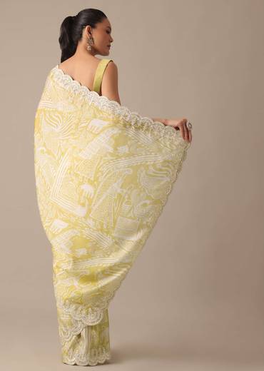 Yellow Printed Satin Saree With Embroidered Detail And Unstitched Blouse Piece