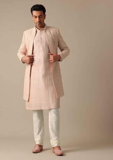Pink Dupion Silk Embroidered Sherwani Set