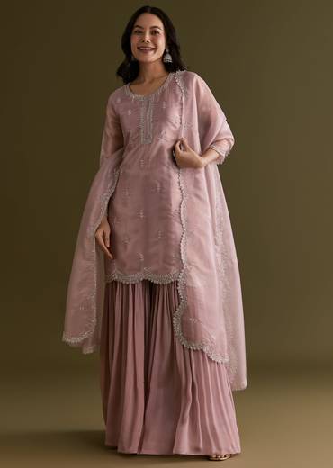 Light Lavender Tissue Kurta Sharara Set With Sequins And Cutdana Work