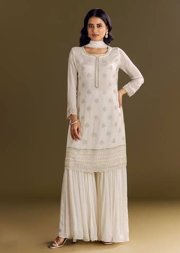 White Chinon Cutdana Kurta Sharara With Moti Work Dupatta