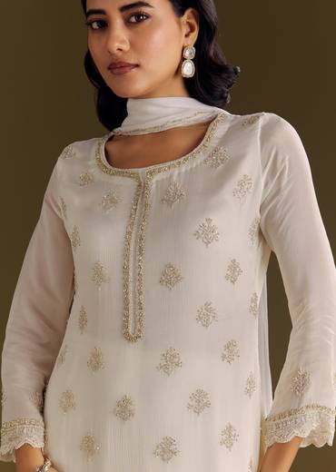 White Chinon Cutdana Kurta Sharara With Moti Work Dupatta