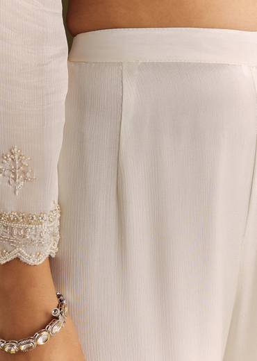 White Chinon Cutdana Kurta Sharara With Moti Work Dupatta