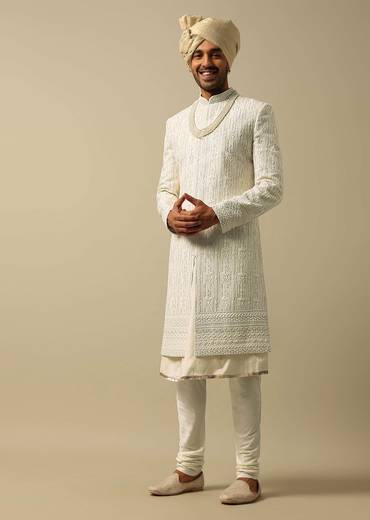 White Sherwani with Exquisite Heavy Embroidery