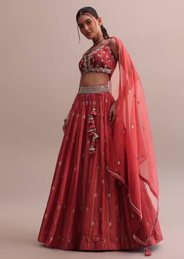 Crimson Red Zardosi Embroidered Choli Lehenga Set With A Net Dupatta
