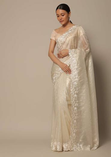 White Satin Saree With Floral Motif Thread Work And Unstitched Blouse Piece