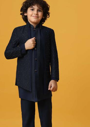 Black Silk Embroidered Sherwani Set for Boys