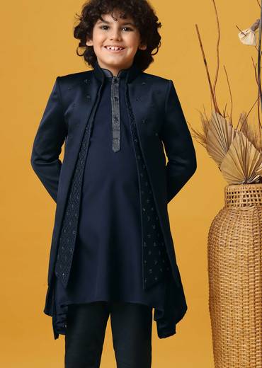 Classic Blue Silk Sherwani Set For Boys