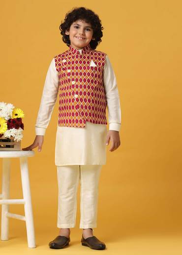 Multi Colored Silk Printed Jacket Kurta Set For Boys
