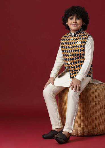 Multi Coloured Printed Jacket Kurta Set In Silk For Boys