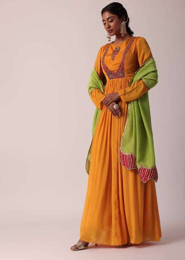 Orange Chiffon Anarkali With Dupatta