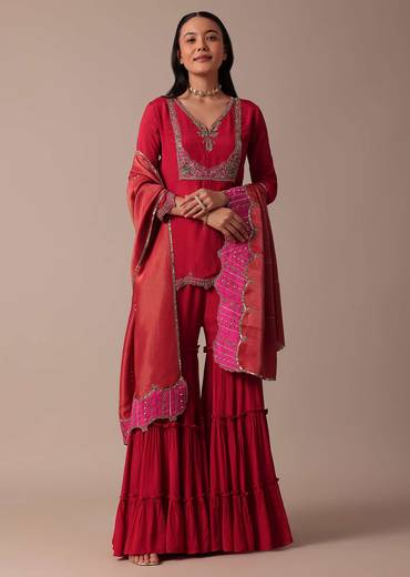 red chiffon sharara set with embroidered kurta-sg203443 1