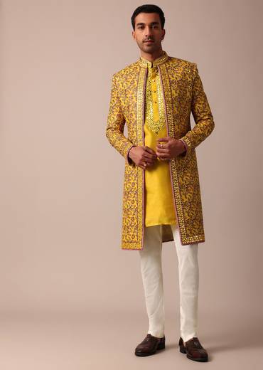 Vibrant Yellow Silk Embroidered Sherwani Set