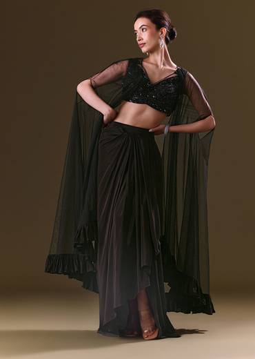 Black Crepe Drape Skirt Choli And Tulle Cape Set
