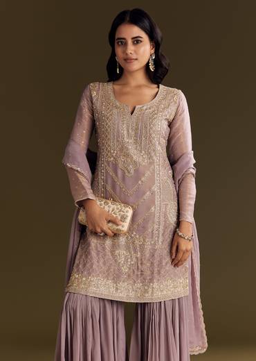 Lavender Tissue Zardosi Embroidered Kurta Set With Organza Dupatta