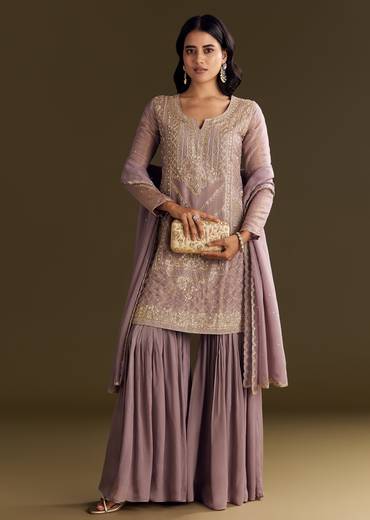 Lavender Tissue Zardosi Embroidered Kurta Set With Organza Dupatta