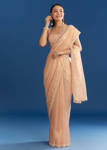Peach Organza Tissue Saree With Beaded Border