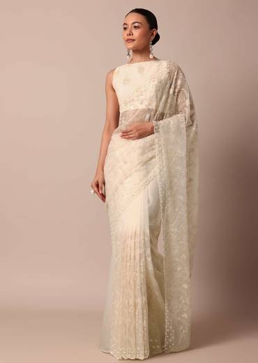 White Chikankari Saree In Organza Silk With Beaded Scallop Detail And Unstitched Blouse Fabric